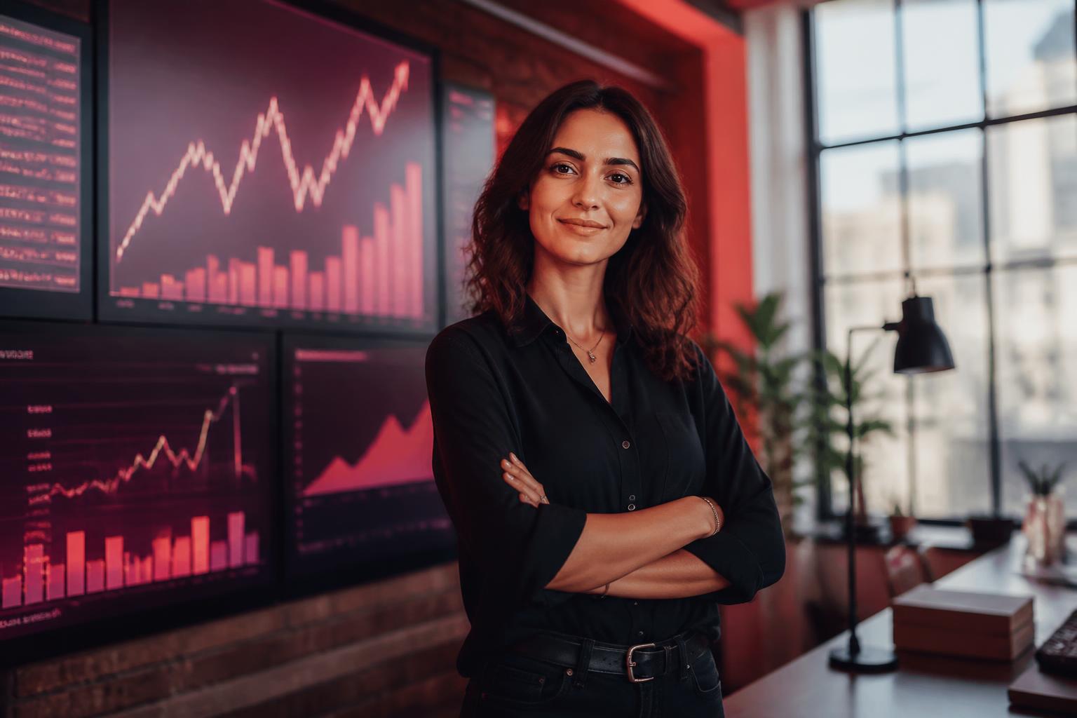 Confident founder in a studio workspace with growth charts on screens