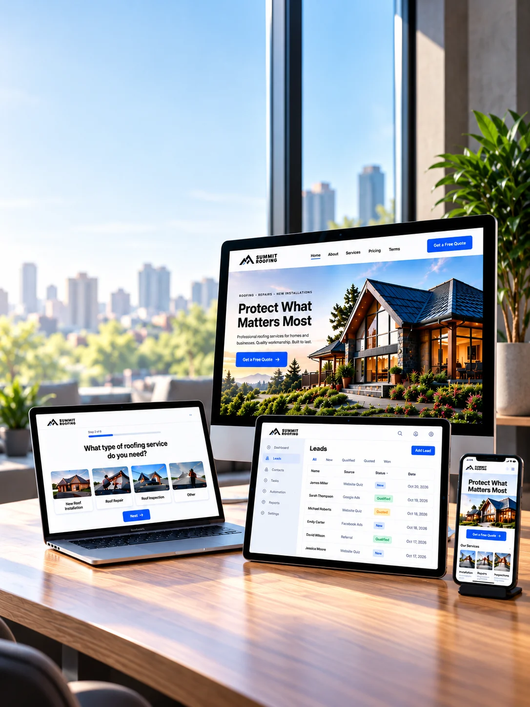 Lead capture website, qualification quiz and CRM shown on desktop, laptop and tablet