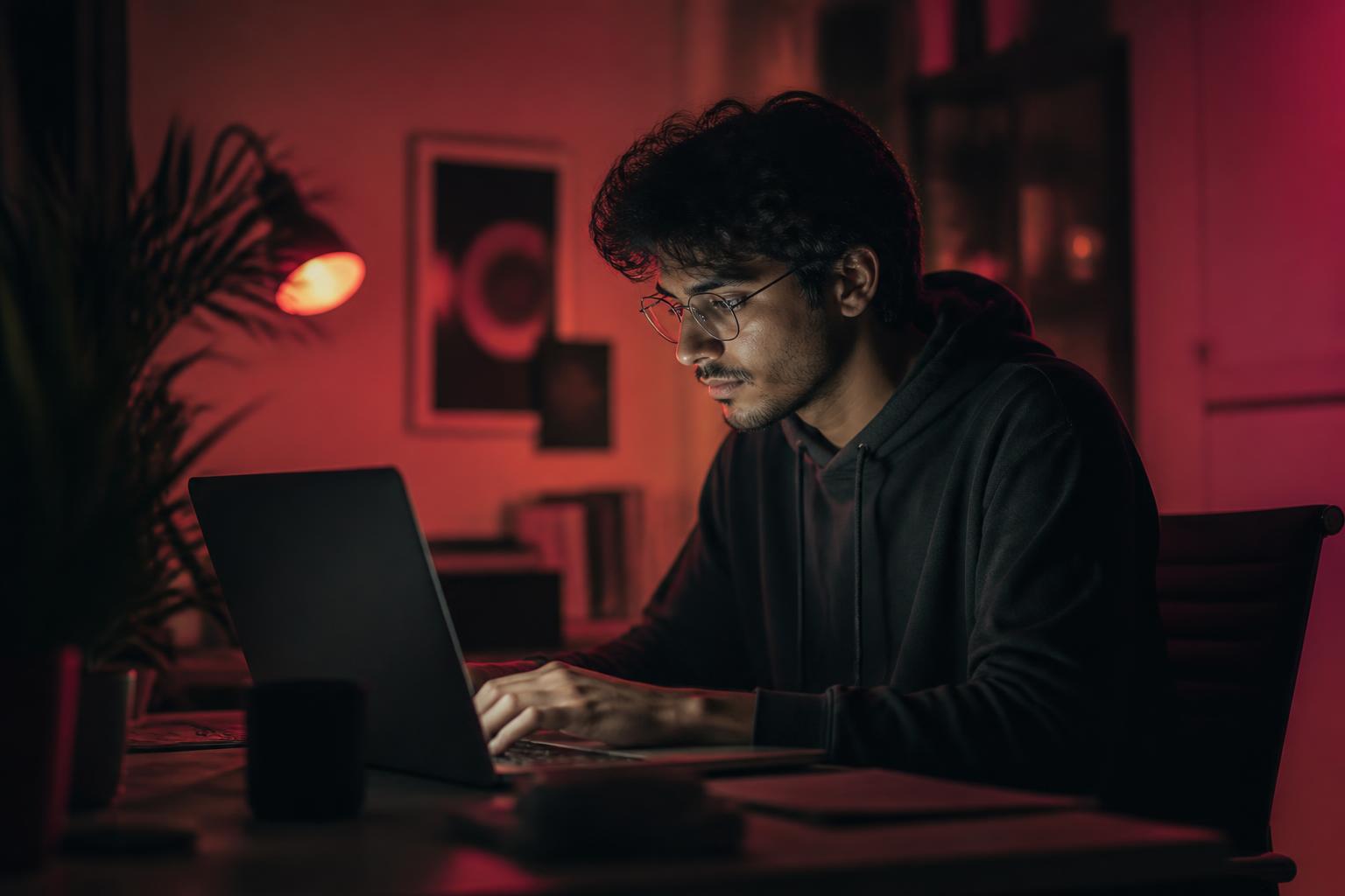 Founder working late at a laptop, getting a first page live