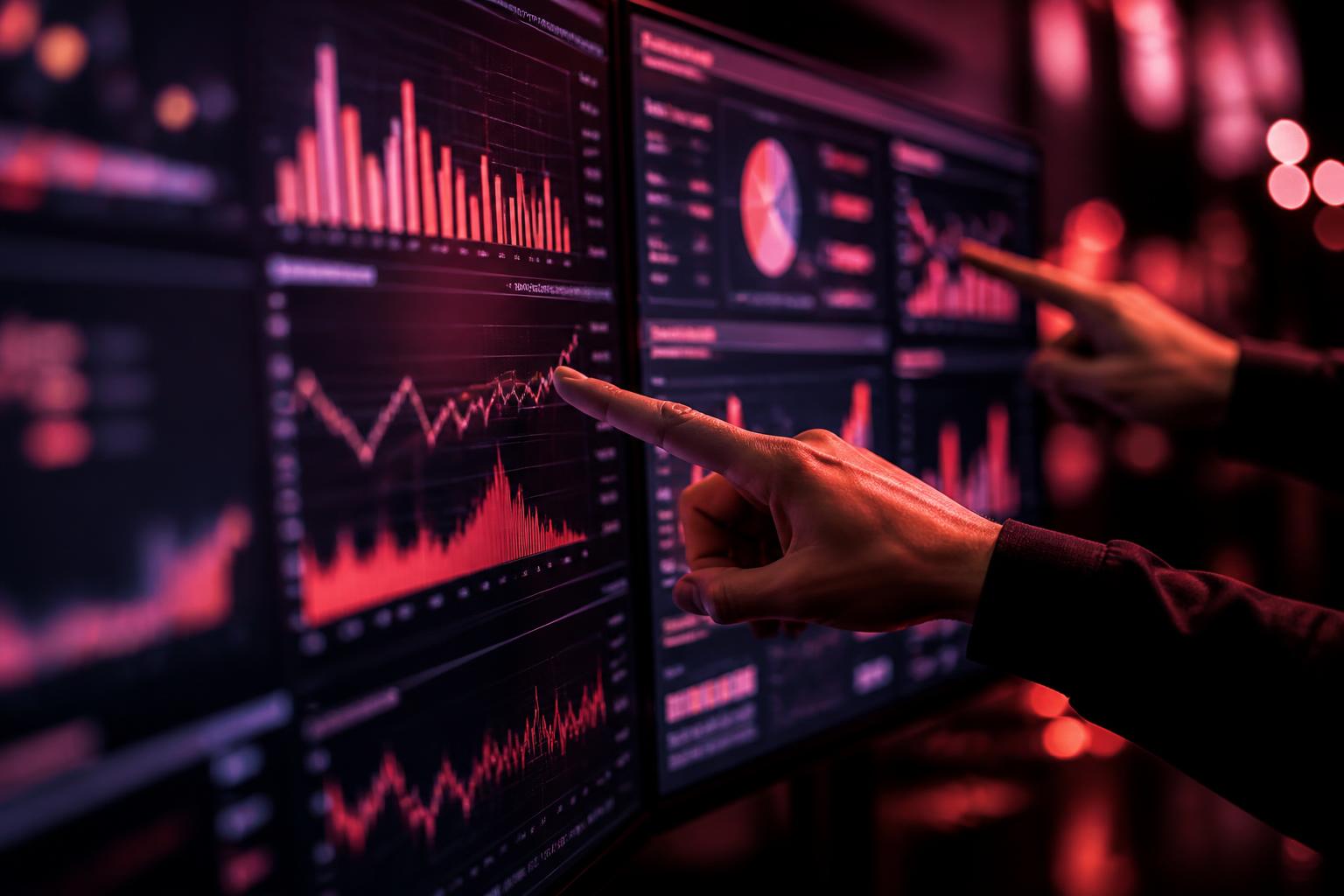 Hands pointing at marketing performance dashboards and charts