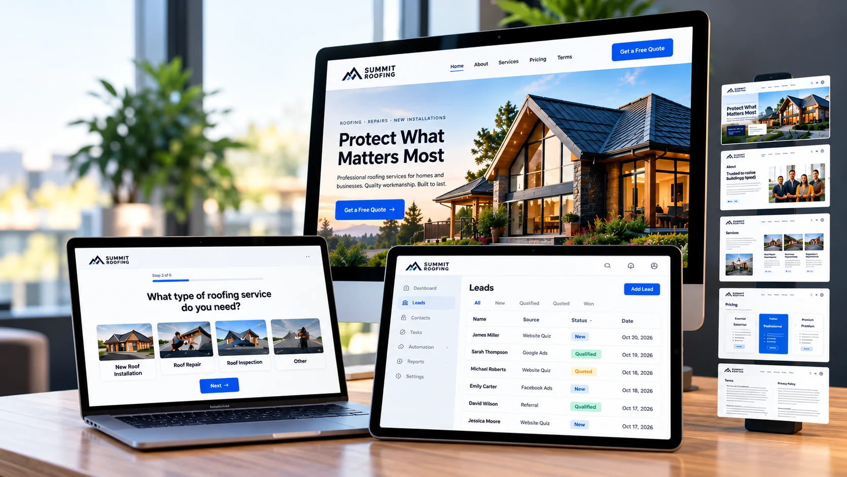 Summit Roofing website, lead funnel and CRM across desktop, laptop and tablet